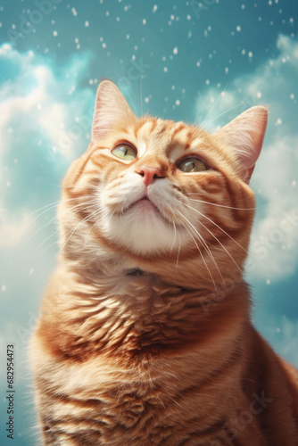 A portrait of a funny red cat looking upward. Blue background sky with clouds. Copy space.