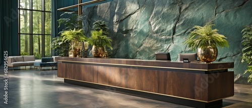 A sophisticated and luxurious resort lounge with an empty check-in desk belonging to the hotel business..