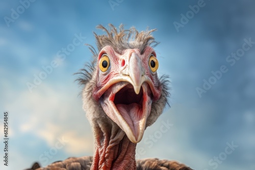 A portrait of a funny turkey. Blue background sky with clouds. Copy space. photo