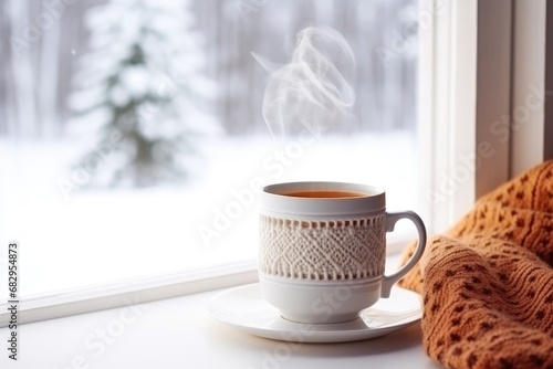 mug of hot tea and warm woolen knitting on vintage windowsill. Cozy winter still life, Hot drink with plaid on windowsill