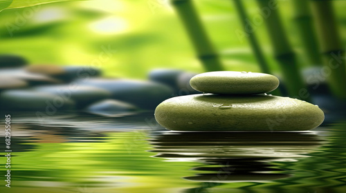 zen stones in water, bamboo trees 