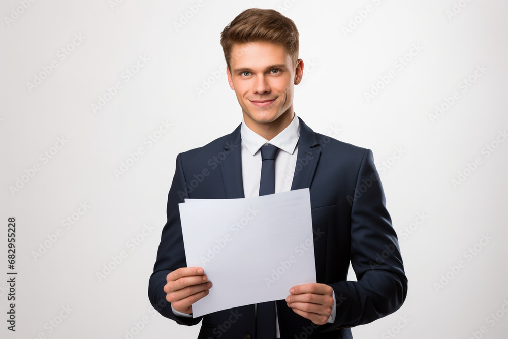 young ambitious male office worker in suit holding page young ambitious male office worker in suit holding page