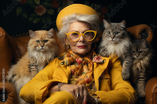 Fröhliche Seniorin genießt ihr Leben - mit vielen Katzen