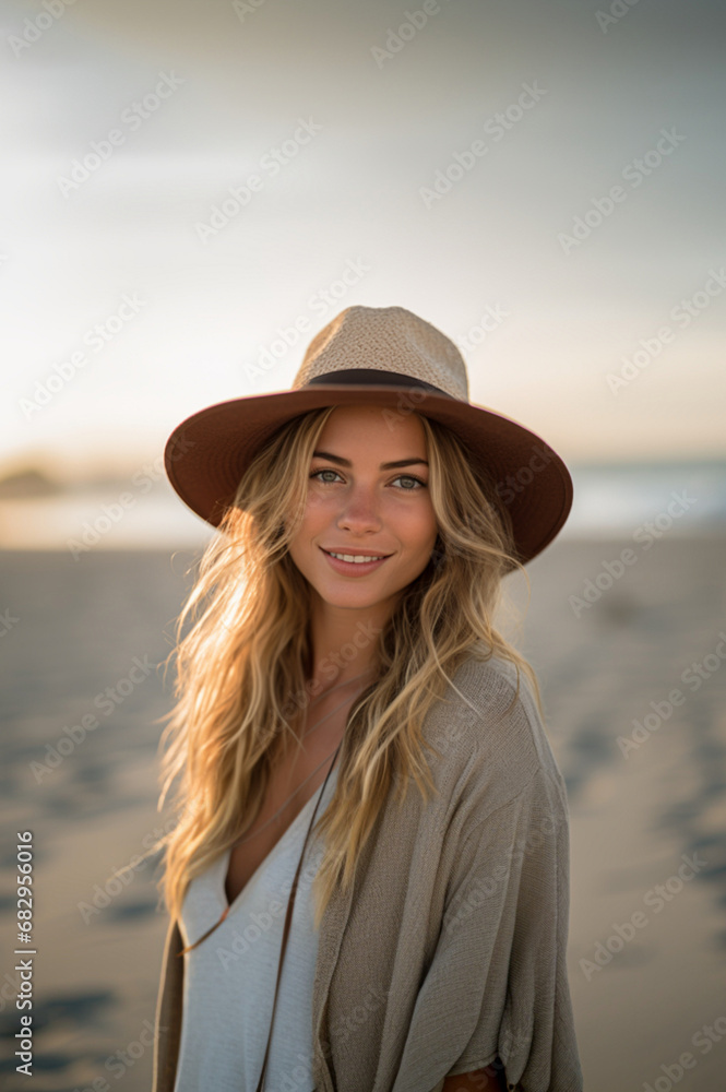 Pretty caucasian  woman with a straw hat on a beach. Summer concept