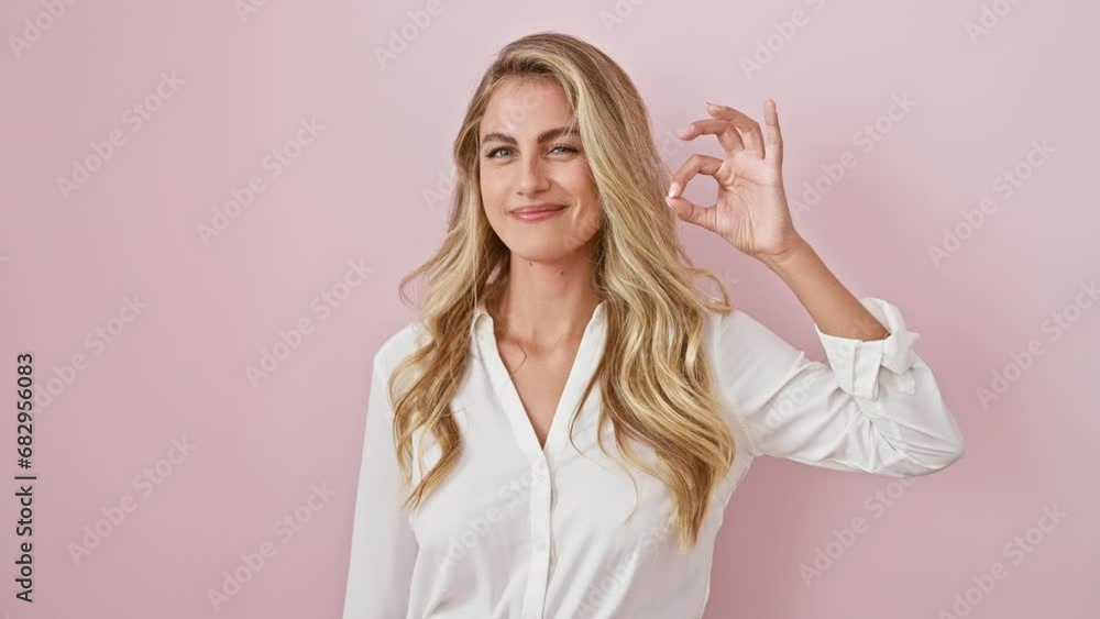 Positive and successful young blonde woman smiling and doing 'ok' sign with hand over isolated pink background, expressing cheerful confidence Positive and successful young blonde woman smiling and doing 'ok' sign with hand over isolated pink background, expressing cheerful confidence