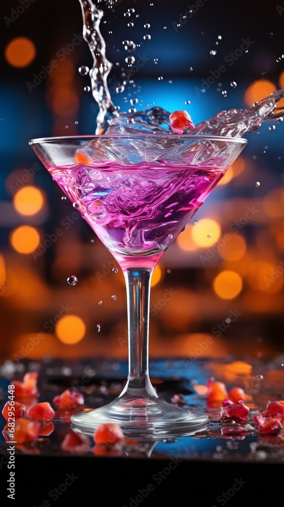 martini cocktail with a hazy background of blue and purple splashes . martini cocktail with a hazy background of blue and purple splashes .