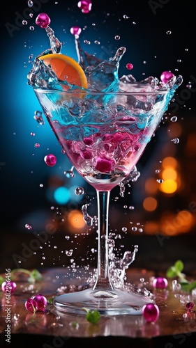 martini cocktail with a hazy background of blue and purple splashes .