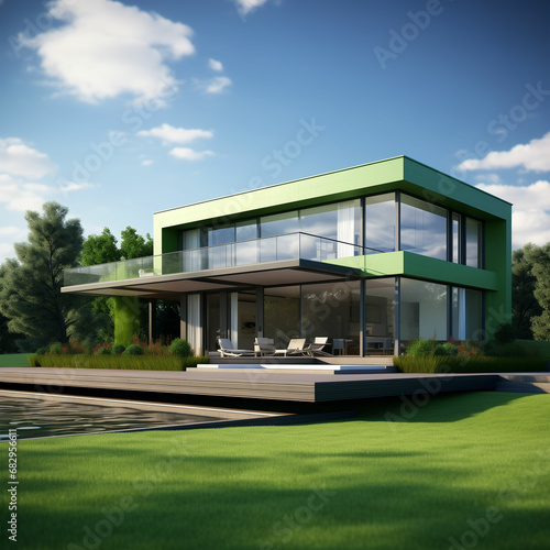Modern home with green background and with grass, high resolution © Rana
