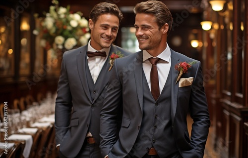 A side view of charming men dressed in formal attire standing, hugging, and grinning at the groom on their wedding day in a hotel room.