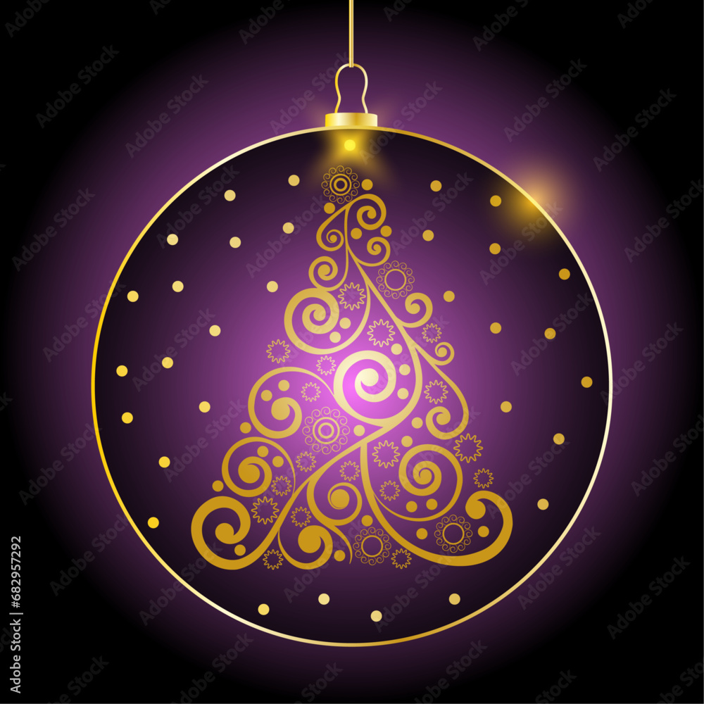 Fototapeta premium Vector illustration of golden Christmas ball on violet background for template, cover, greeting card, poster, flier. Christmas decoration with abstract tree, sun, circles and glowing lights. EPS 10.
