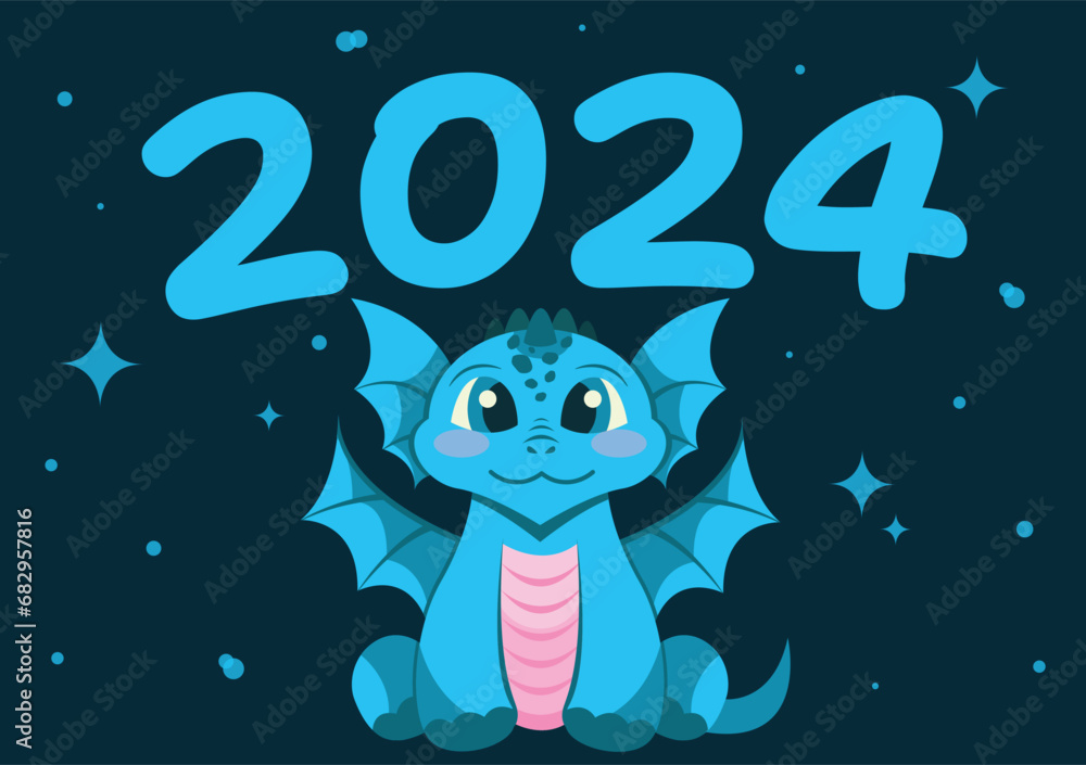 Greeting card with cute blue dragon, new year 2024, new year symbol