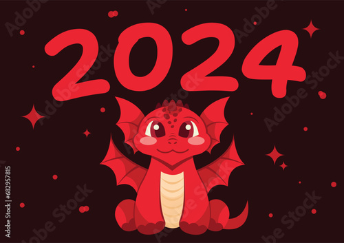 Greeting card with cute red dragon, New Year 2024, symbol of the new year