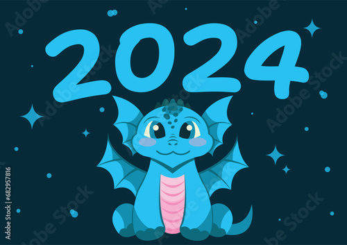 Greeting card with cute blue dragon, new year 2024, new year symbol