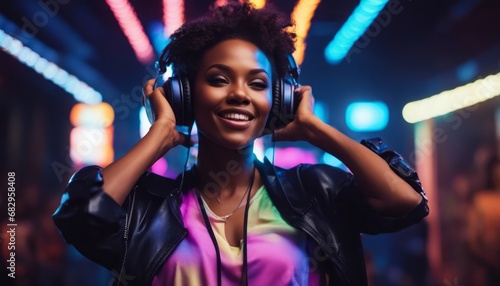 Laughting, close up. isolated on dark background in multicolored neon, listening to music with headphones