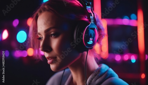 Laughting, close up.  isolated on dark background in multicolored neon, listening to music with headphones © Adi