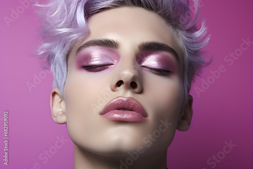 Portrait of man with bright purple make up