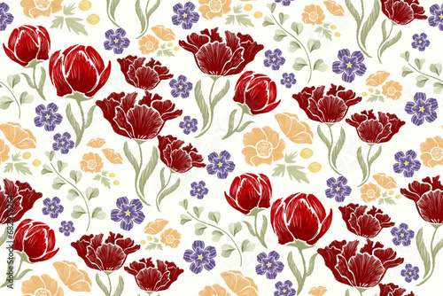 Floral embroidery pattern seamless paisley patches border with tulips flower motifs background border oriental Europe style. Ikat pattern seamless vector illustration spring summer colourful design .
