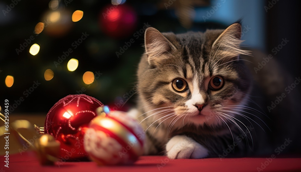 Festive Feline Lounging Near a Shimmering, Red Christmas Ornament