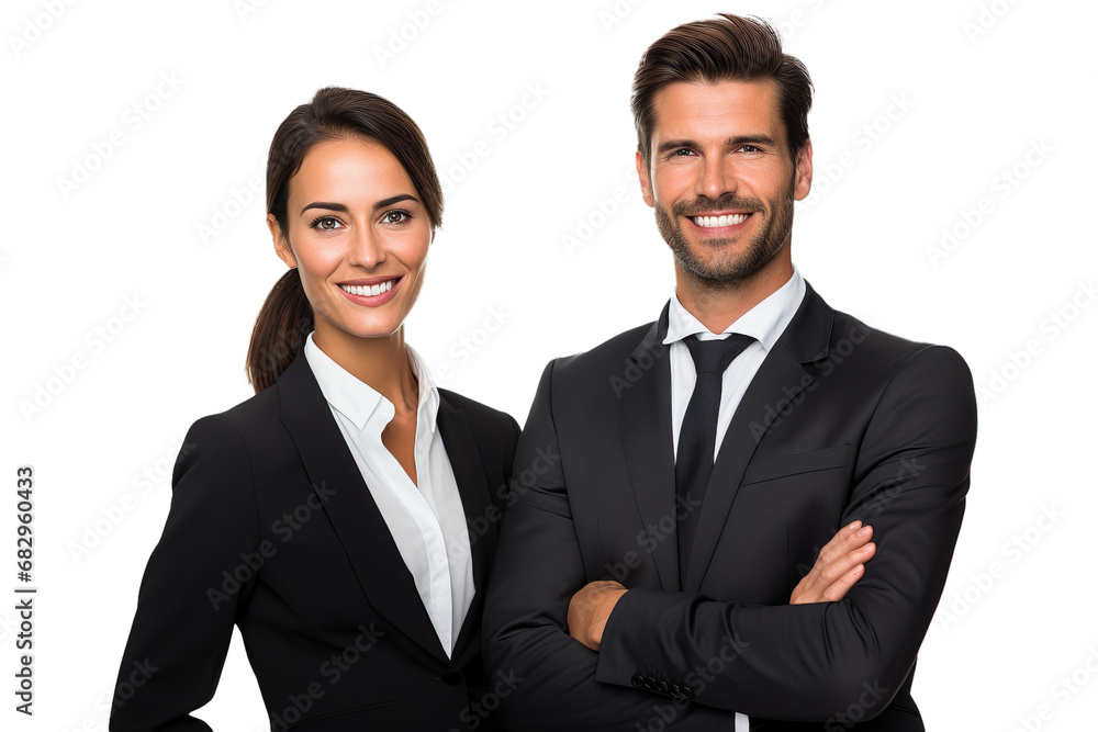 Portrait of a business couple, standing together and smiling, isolated on a transparent background, png file Portrait of a business couple, standing together and smiling, isolated on a transparent background, png file