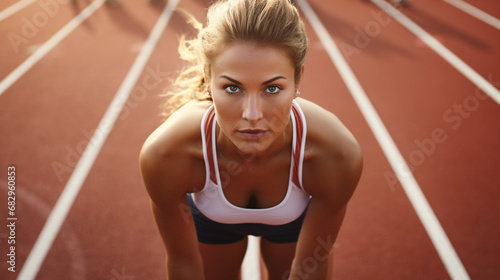 High angle portrait of a woman at the starting line ready to run