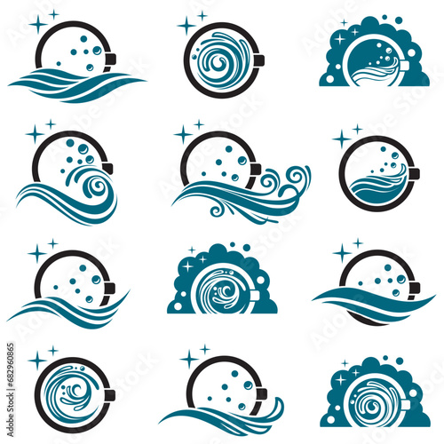 collection of laundry icons with washing machine with bubbles for clothes wash design isolated on white background