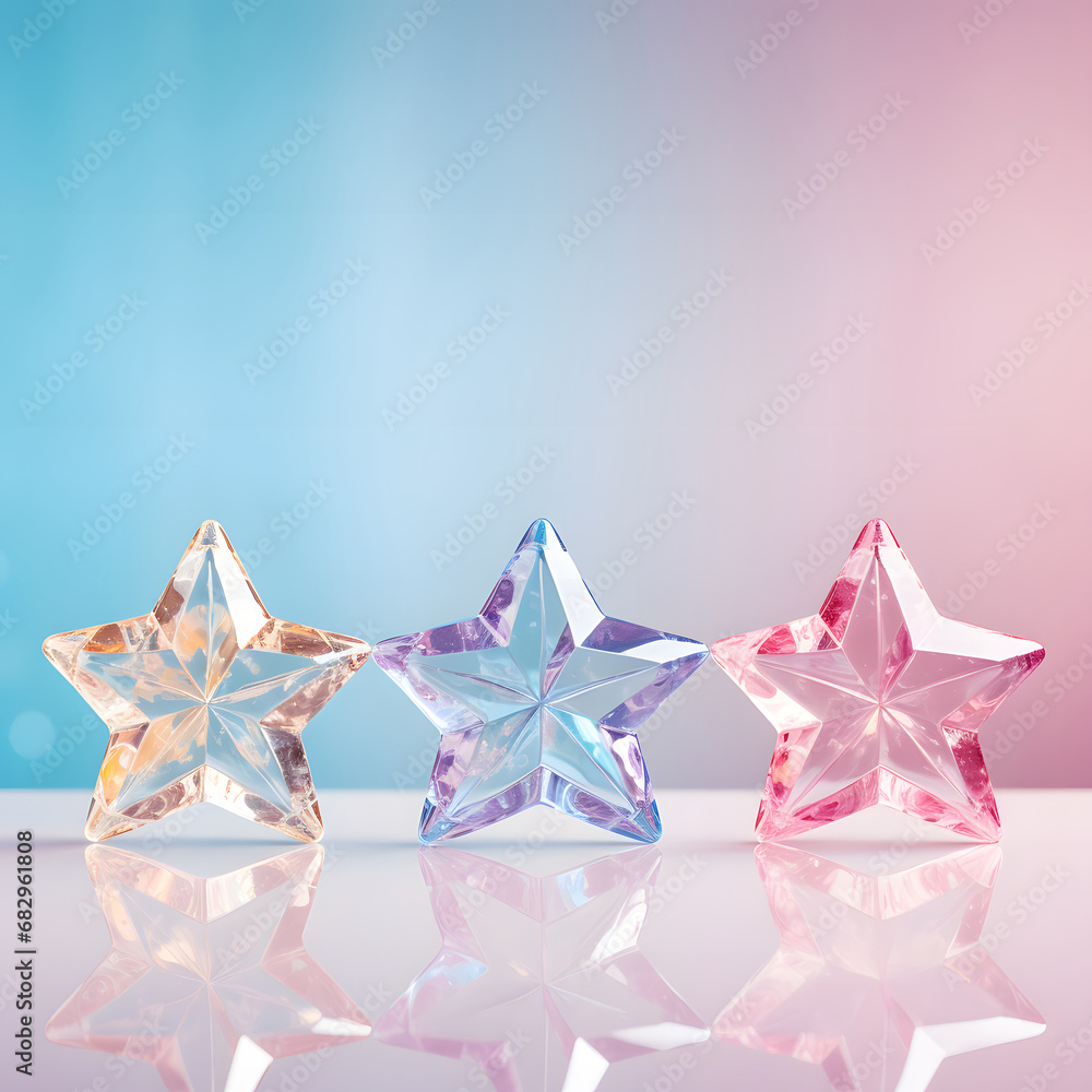 Тransparent Christmas decorations. Three glass stars on ice and their reflection. Pastel colors yellow, blue, pink. Тransparent Christmas decorations. Three glass stars on ice and their reflection. Pastel colors yellow, blue, pink.