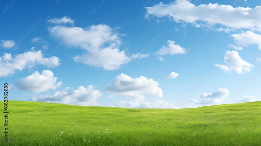 Green meadow with blue sky and clouds background