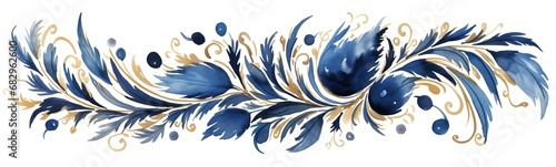 Beautiful, elegant gold and blue acanthus illustration, festive watercolor drawing of abstract twirling arabesques, foliage ornament decorative band, white background feather border, divider or frieze