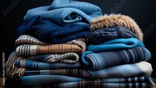 stack of blue and gray wool blankets, winter clothes, warm clothes, winter concept, Winter with a Stack of Blue and Gray Wool Blankets © MH