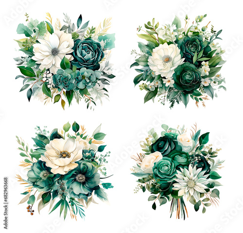 Watercolor illustration wedding bouquet emerald green
