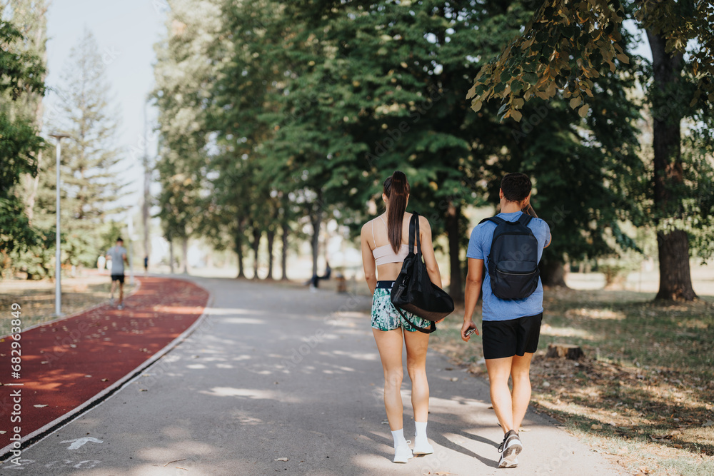 Beautiful couple going home after training. Beautiful couple going home after training.