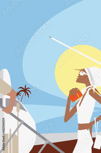 Modern Girl getting on a cruise ship for a holiday. Modern Life style in an urban city vector Illustration.