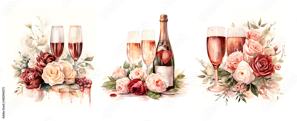 Watercolor illustration wedding champagne with flowers red marsala - obrazy, fototapety, plakaty 