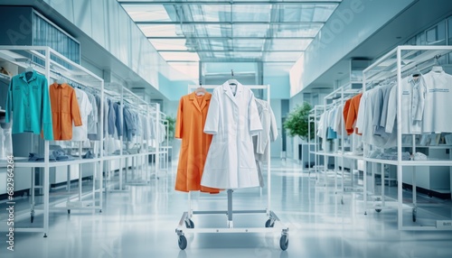 A Vibrant Collection of White and Orange Shirts Hanging in a Spacious Room