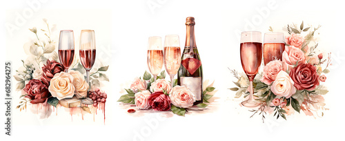 Watercolor illustration wedding champagne with flowers red marsala