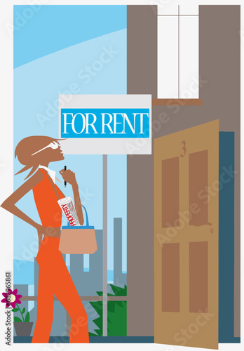 Young woman looking for a house for rent in a city. Modern Life style in an urban city vector Illustration.