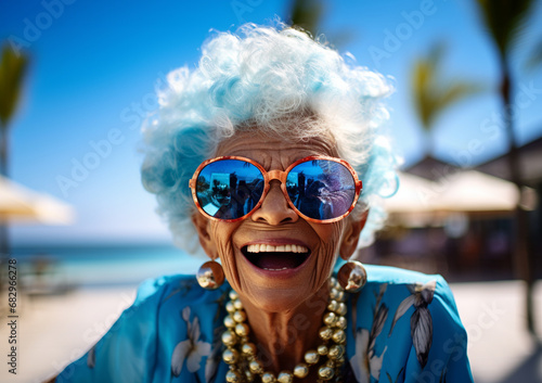 Fröhliche Seniorin genießt ihr Leben - am Strand