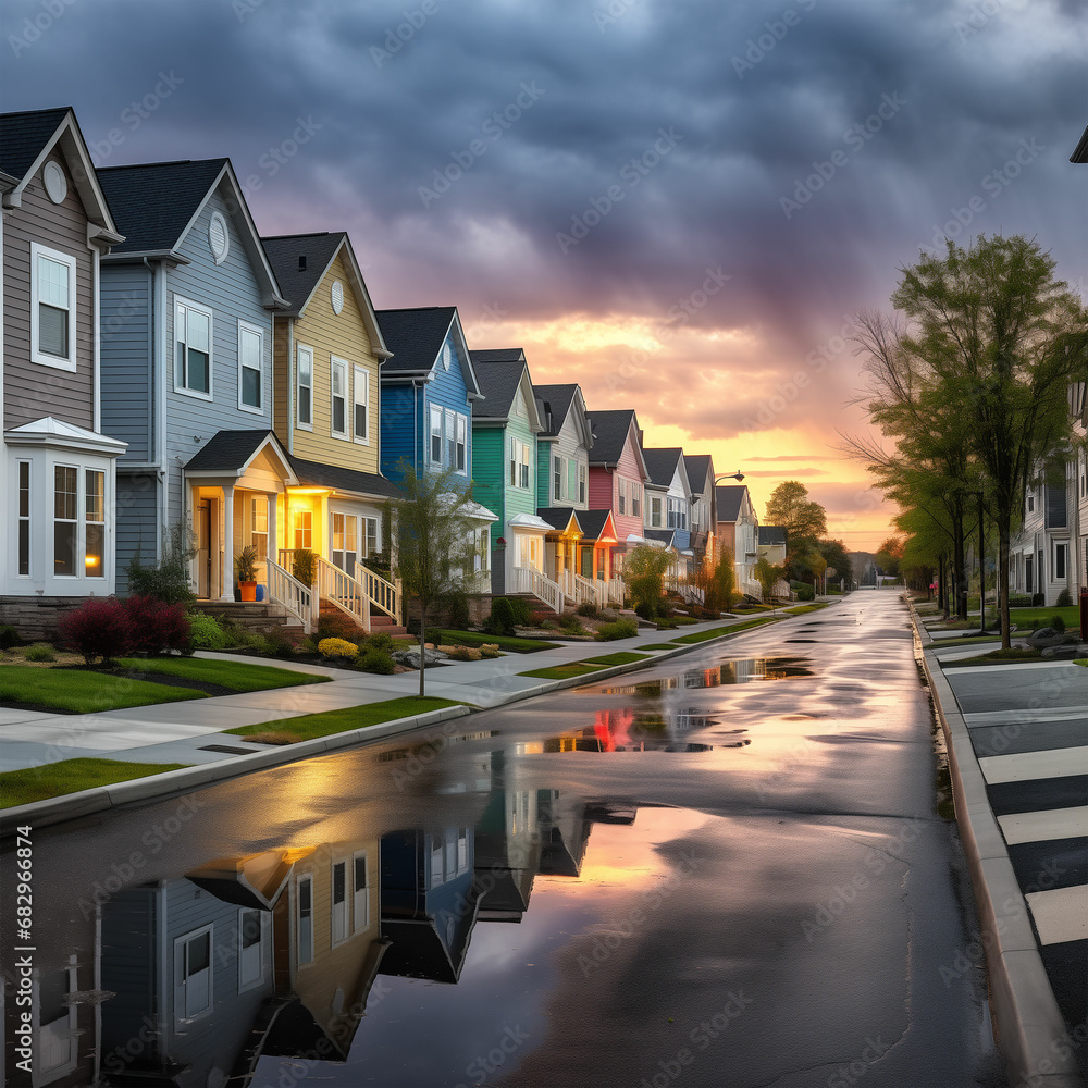 Neighborhood street sunset panorama of modern upper middle class single family houses American real estate in a new construction in Maryland USA colorful dramatic with rain,high resolution 