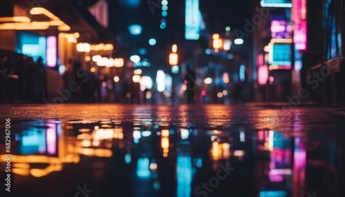 Multi-colored neon lights on a dark city street, reflection of neon light in puddles and water