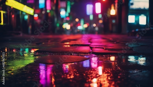Multi-colored neon lights on a dark city street, reflection of neon light in puddles and water