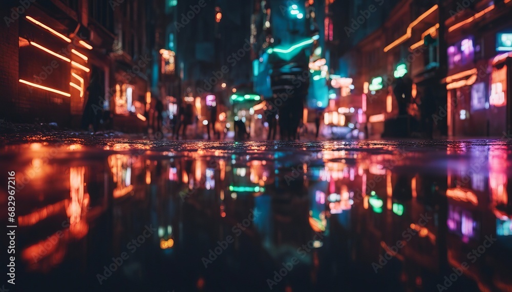 Multi-colored neon lights on a dark city street, reflection of neon light in puddles and water