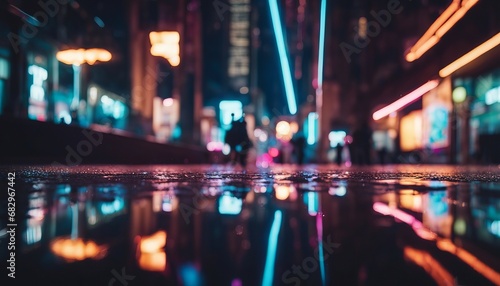 Multi-colored neon lights on a dark city street  reflection of neon light in puddles and water