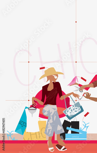 Young rich woman doing bespoke shopping with custom fittings. Modern Life style in an urban city vector Illustration.