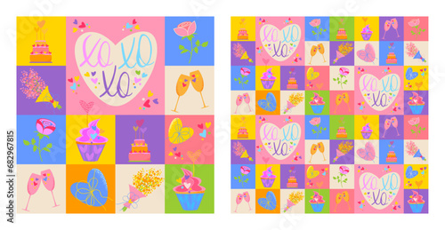 Valentine's Day seamless pattern with symbols of love, heart, flowers, cakes, gifts. 