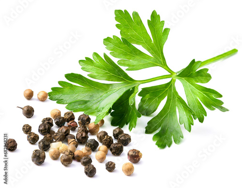Parsley with peppercorns isolated white background, cut out