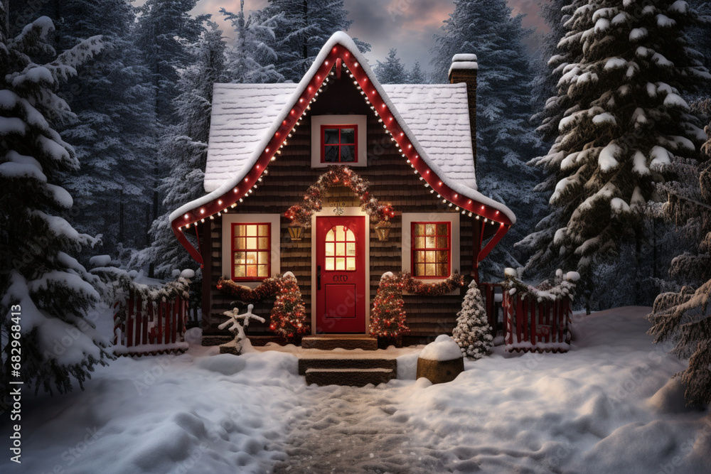 A red christmas ginger house with snow covering it, vray tracing, atmospheric woodland imagery, pictorial