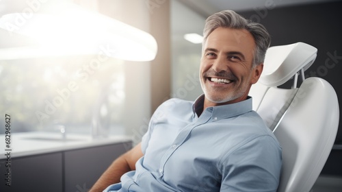 Mature man with a pleasant smile relaxing in a dental chair, portraying confidence and satisfaction with dental services in a modern clinic environment.Ai generated