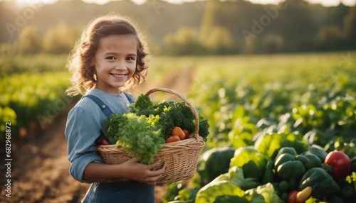 Portrait of happy little girl is holding a basket with fresh biologic just harvested vegetables and fruit