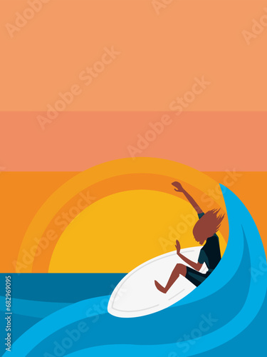 Young girl doing surfing in the sea during sun set. Modern Life style in an urban city vector Illustration.