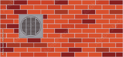 Floor or storm drain on a brick stone floor, For running water in shower or Shower drain. Drain hole in the tile floor of a shower. Water drain in the bathroom or kitchen. Shower drainage floor sign.